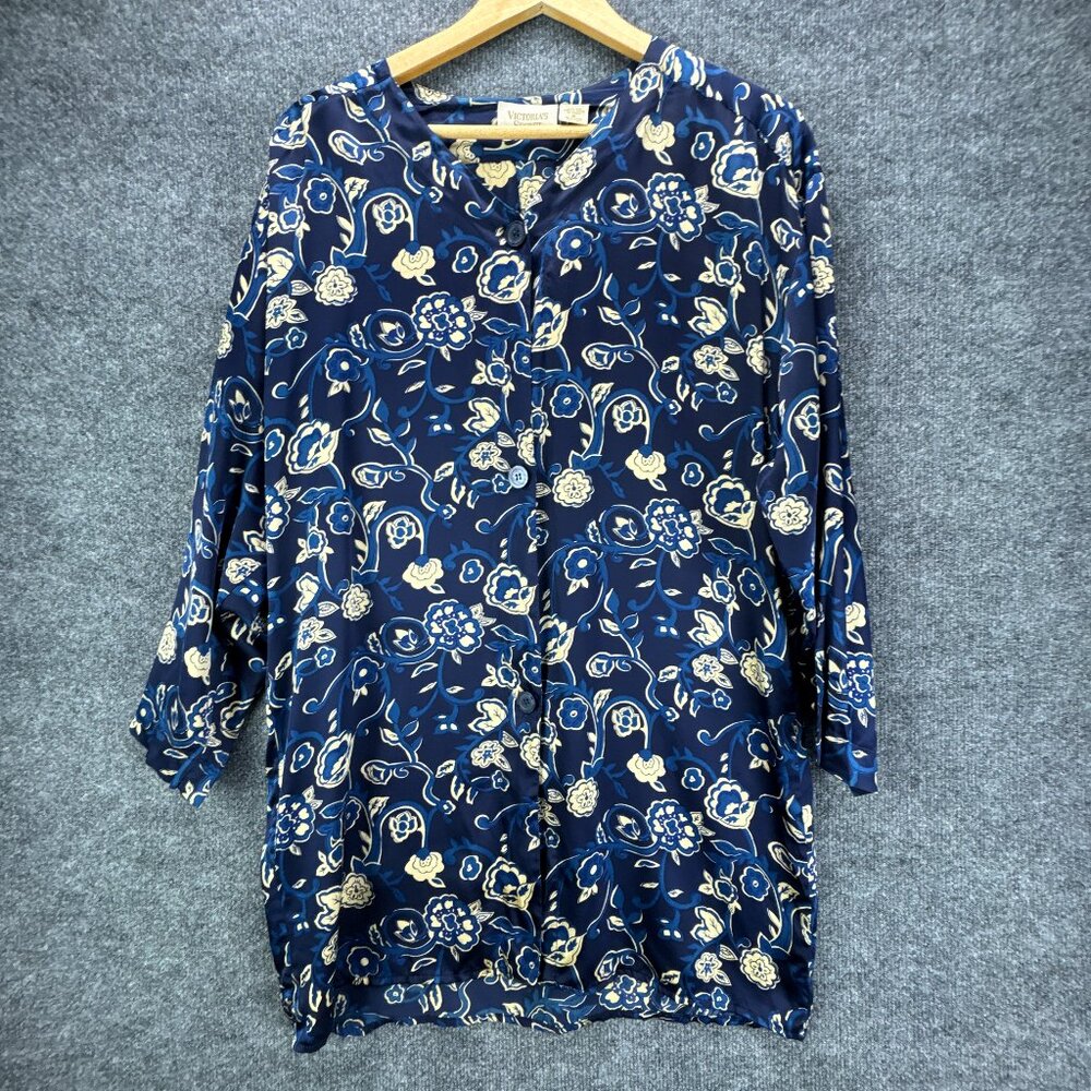 Vintage Victorias Secret Gold Label Silk Sleepshirt Womens Small Blue Floral 90s